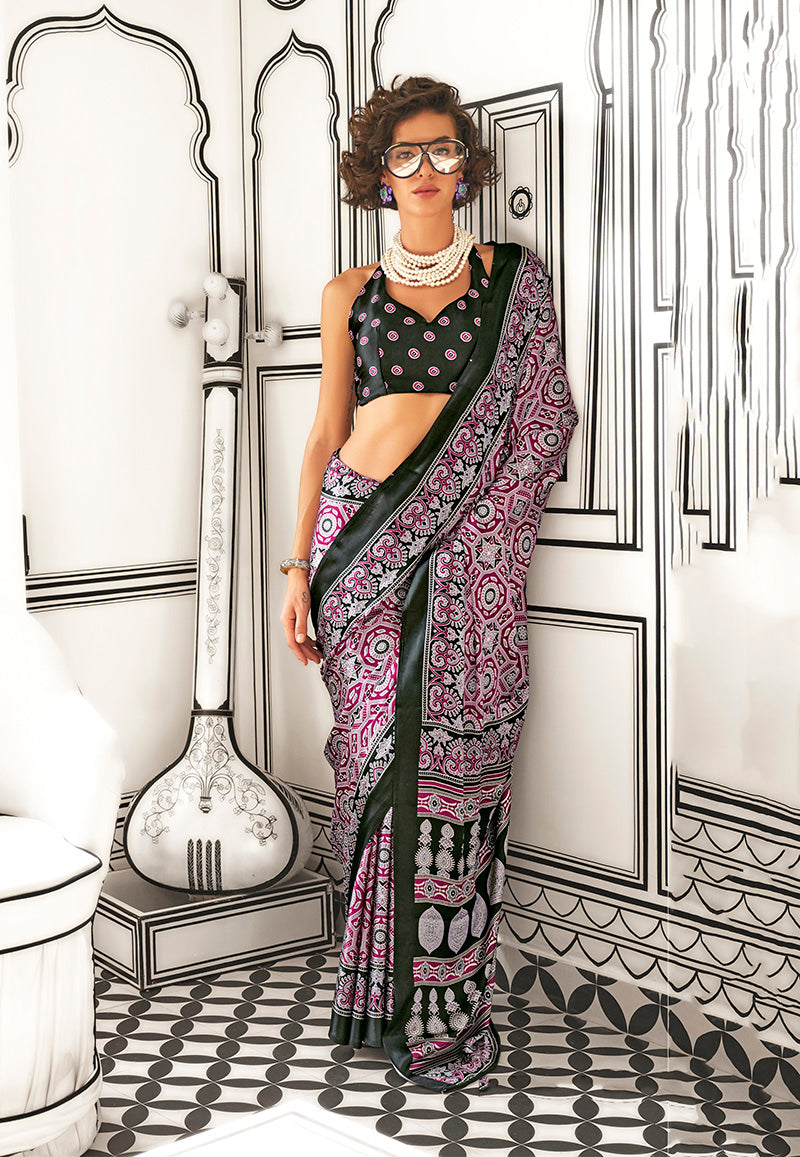 Wine Ajrakh Printed Satin Crepe Saree for Modern Divas