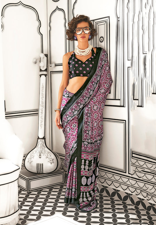 Wine Ajrakh Printed Satin Crepe Saree for Modern Divas