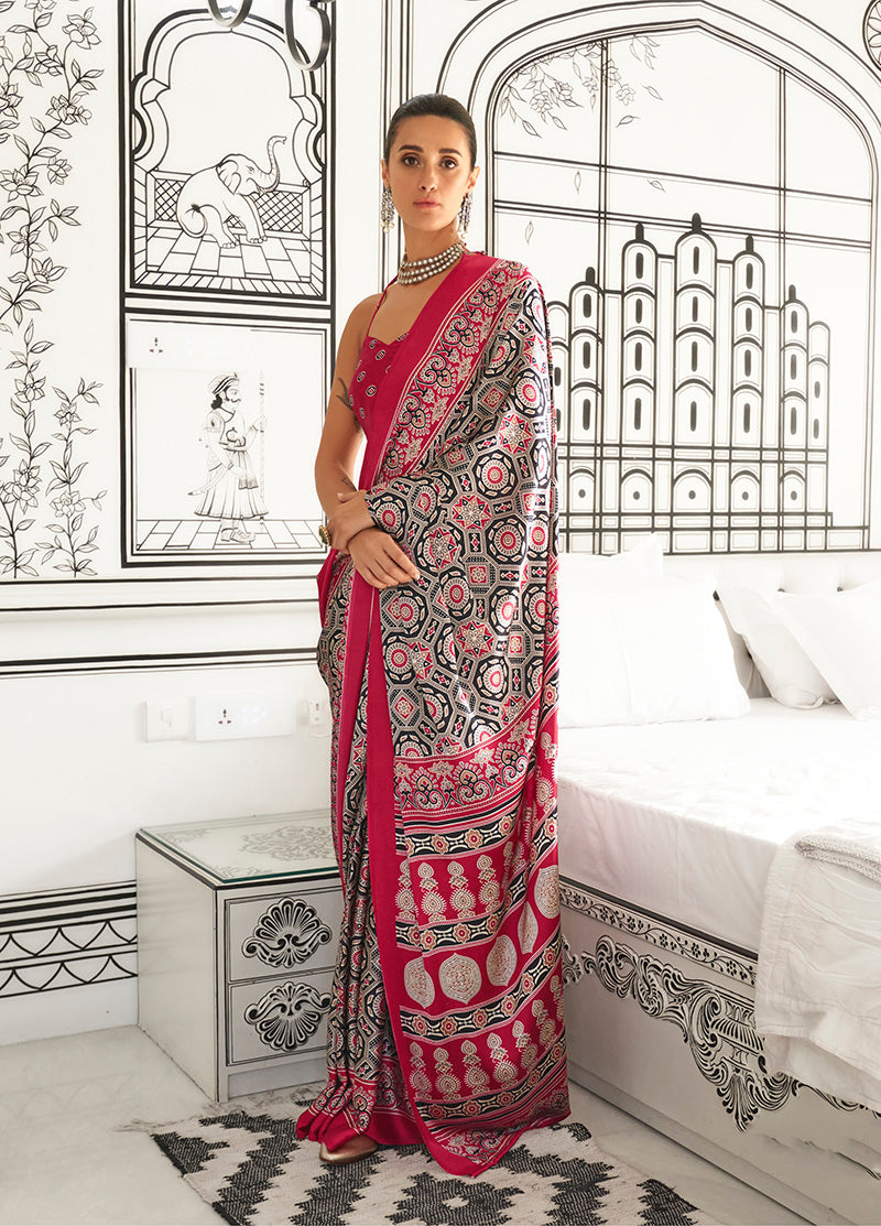 Black Ajrakh Printed Satin Crepe Saree for Modern Divas