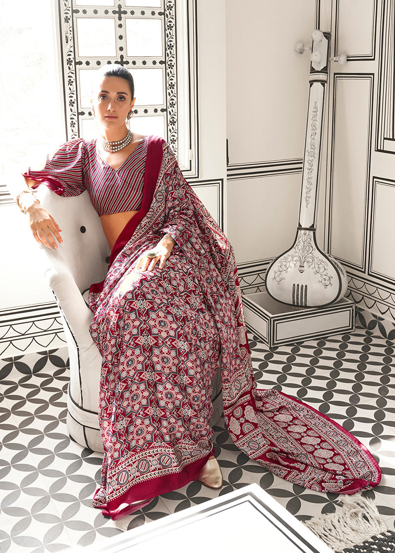 Wine Ajrakh Printed Satin Crepe Saree for Modern Divas