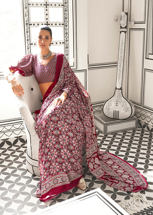 Wine Ajrakh Printed Satin Crepe Saree for Modern Divas