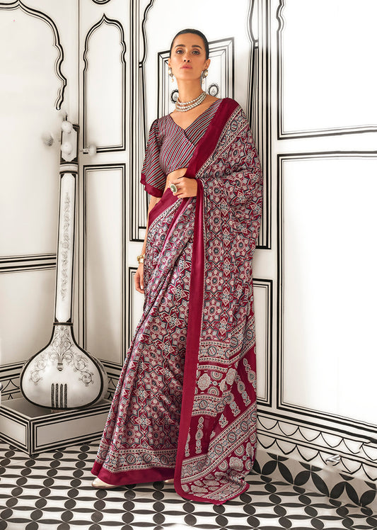 Wine Ajrakh Printed Satin Crepe Saree for Modern Divas