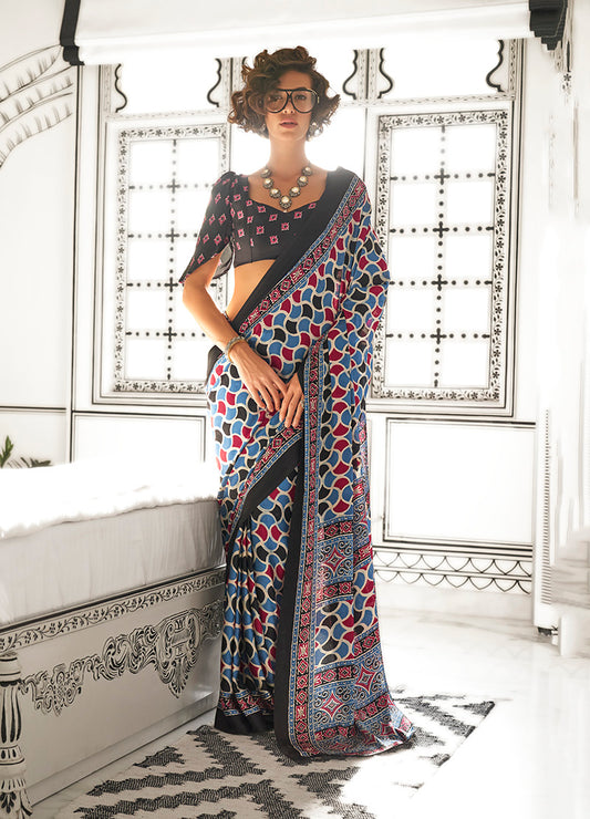 Multi Ajrakh Printed Satin Crepe Saree for Modern Divas