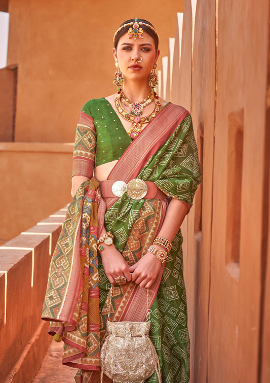 Green Cotton Silk Foil Print Work Saree
