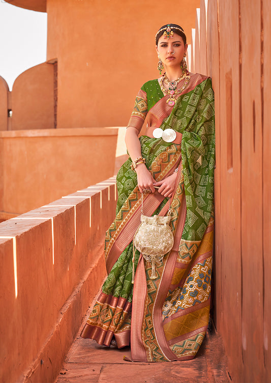 Green Cotton Silk Foil Print Work Saree