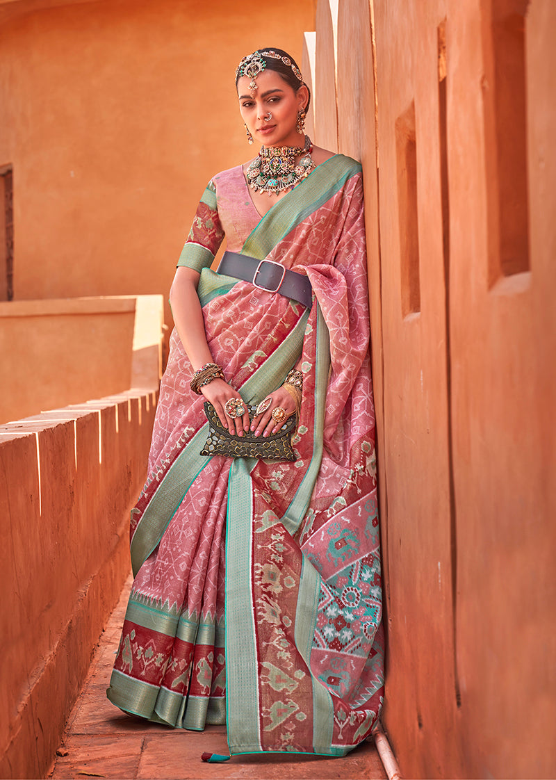 Rose Pink Cotton Silk Foil Print Work Saree