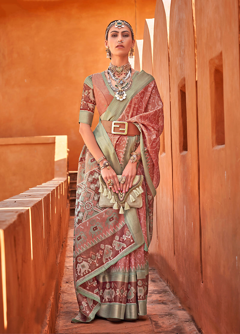 Brown Cotton Silk Foil Print Work Saree