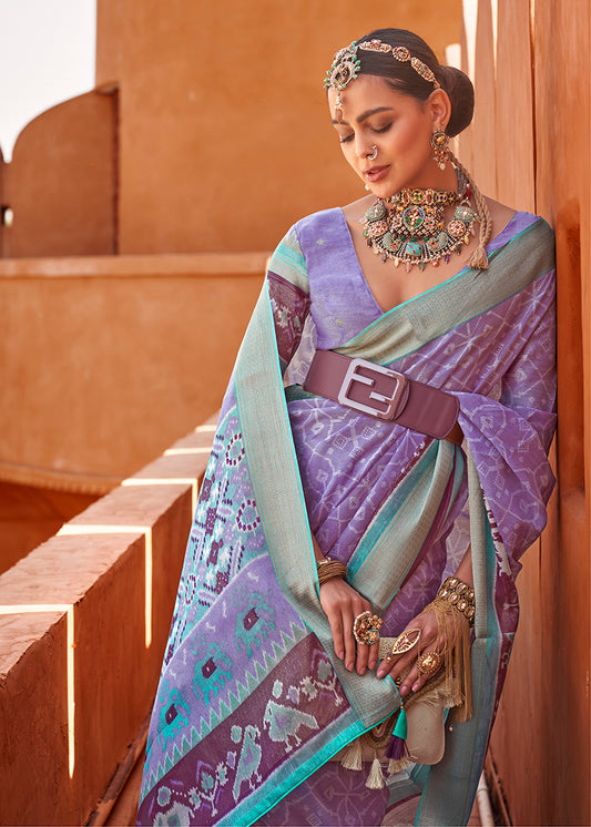 Lavender Cotton Silk Foil Print Work Saree