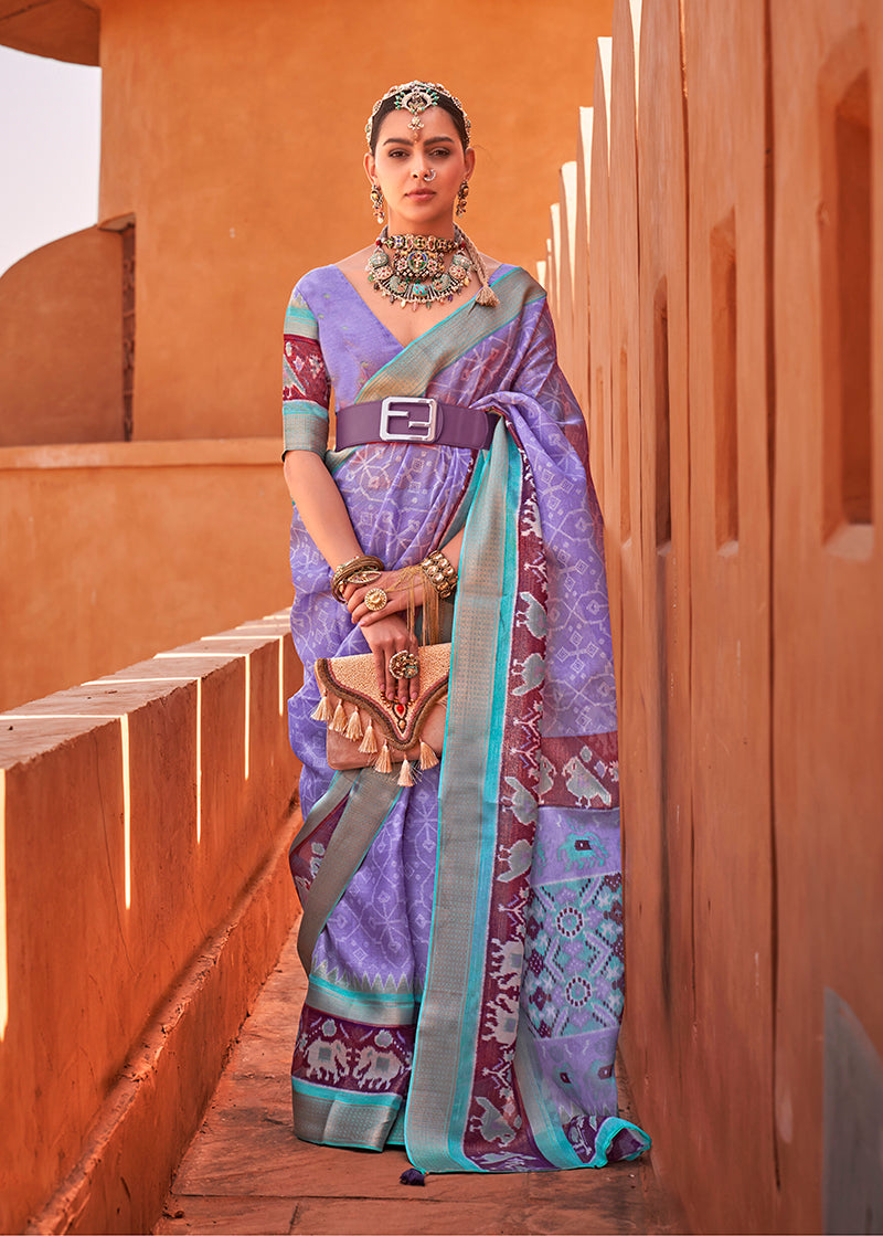 Lavender Cotton Silk Foil Print Work Saree