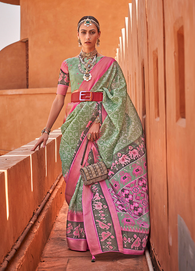 Sea Green Cotton Silk Foil Print Work Saree