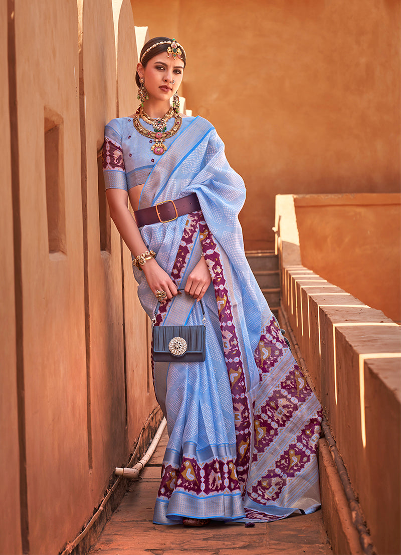 Sky Blue Cotton Silk Foil Print Work Saree