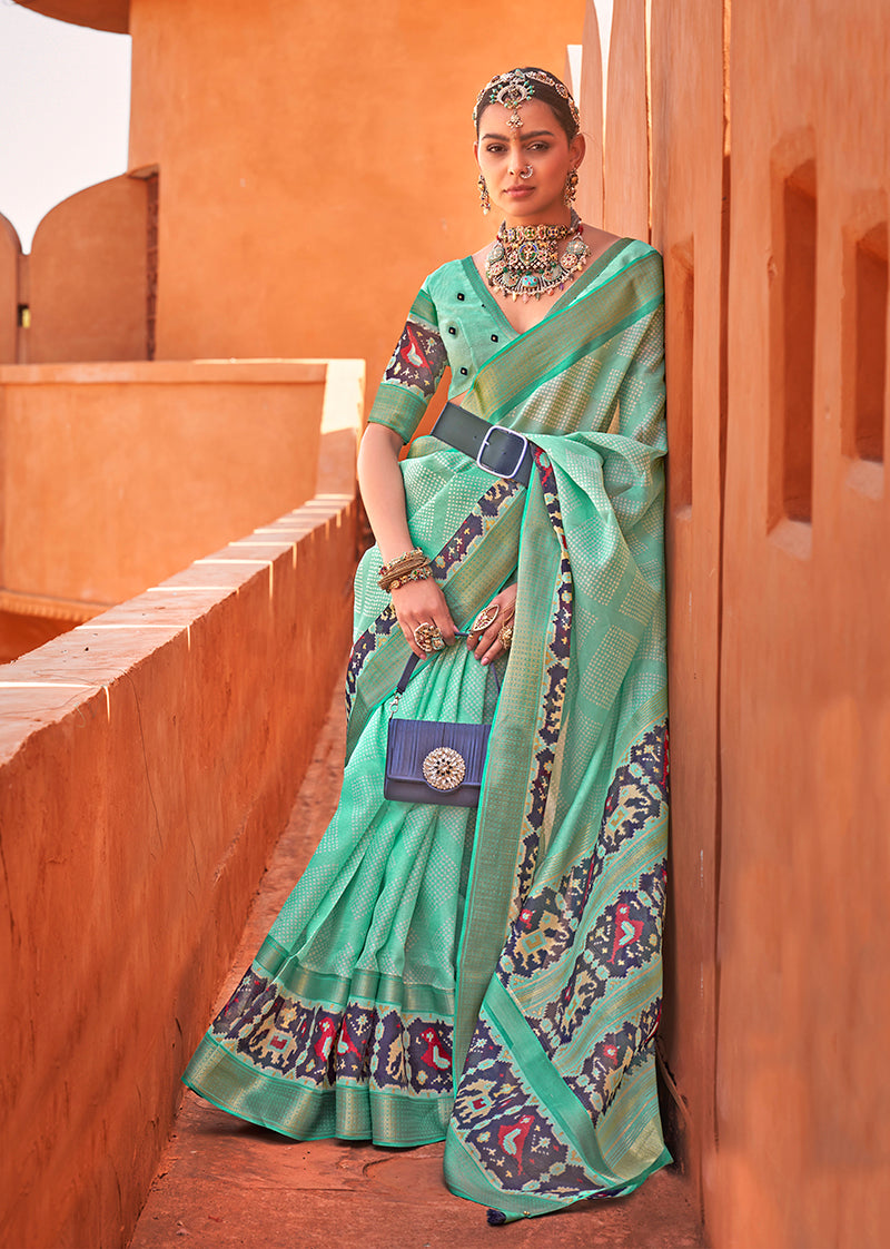 Sea Green Cotton Silk Foil Print Work Saree