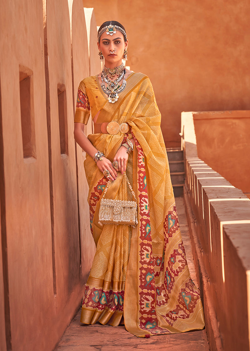 Mustard Cotton Silk Foil Print Work Saree