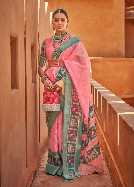 Light Pink Cotton Silk Foil Print Work Saree