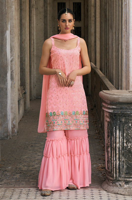 Light Pink Georgette Embroidery Sequence Work Sharara Suit