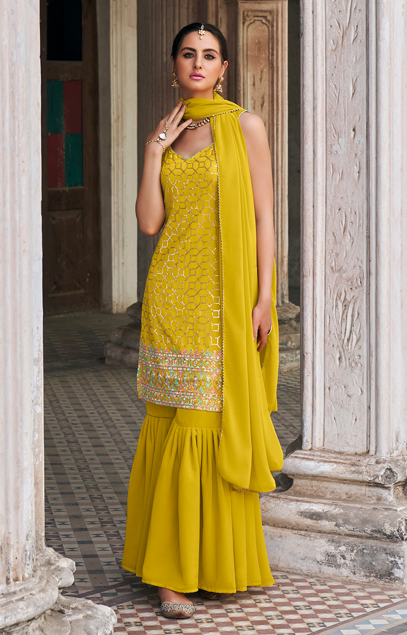 Mustard Georgette Embroidery Sequence Work Sharara Suit