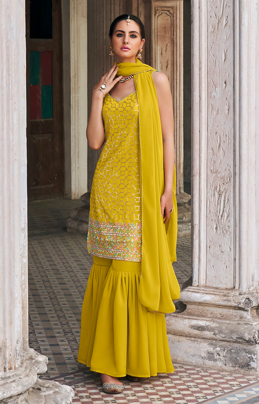 Mustard Georgette Embroidery Sequence Work Sharara Suit
