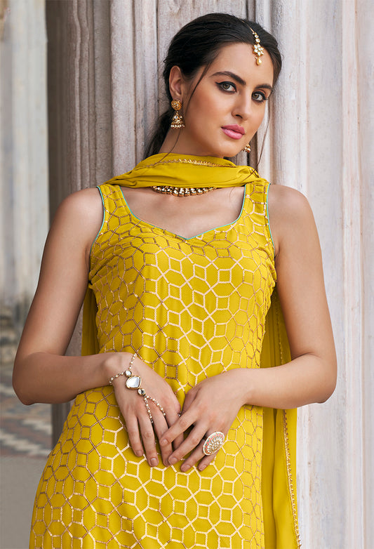 Mustard Georgette Embroidery Sequence Work Sharara Suit