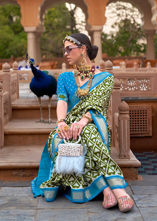 Green Cotton Silk Foil Print Work Saree