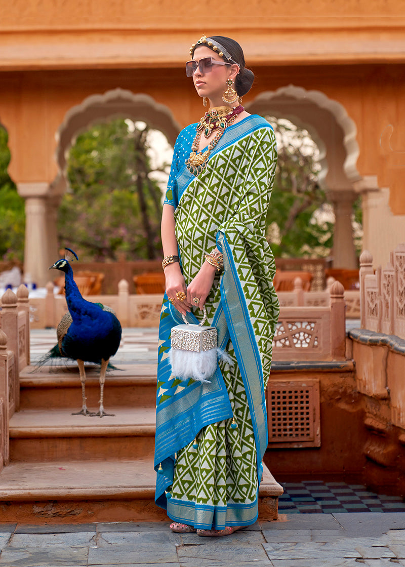 Green Cotton Silk Foil Print Work Saree