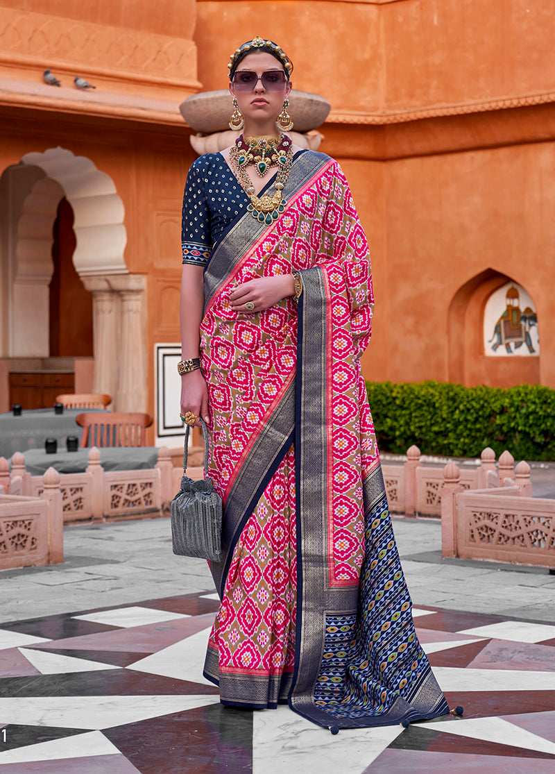 Rani Pink Cotton Silk Foil Print Work Saree