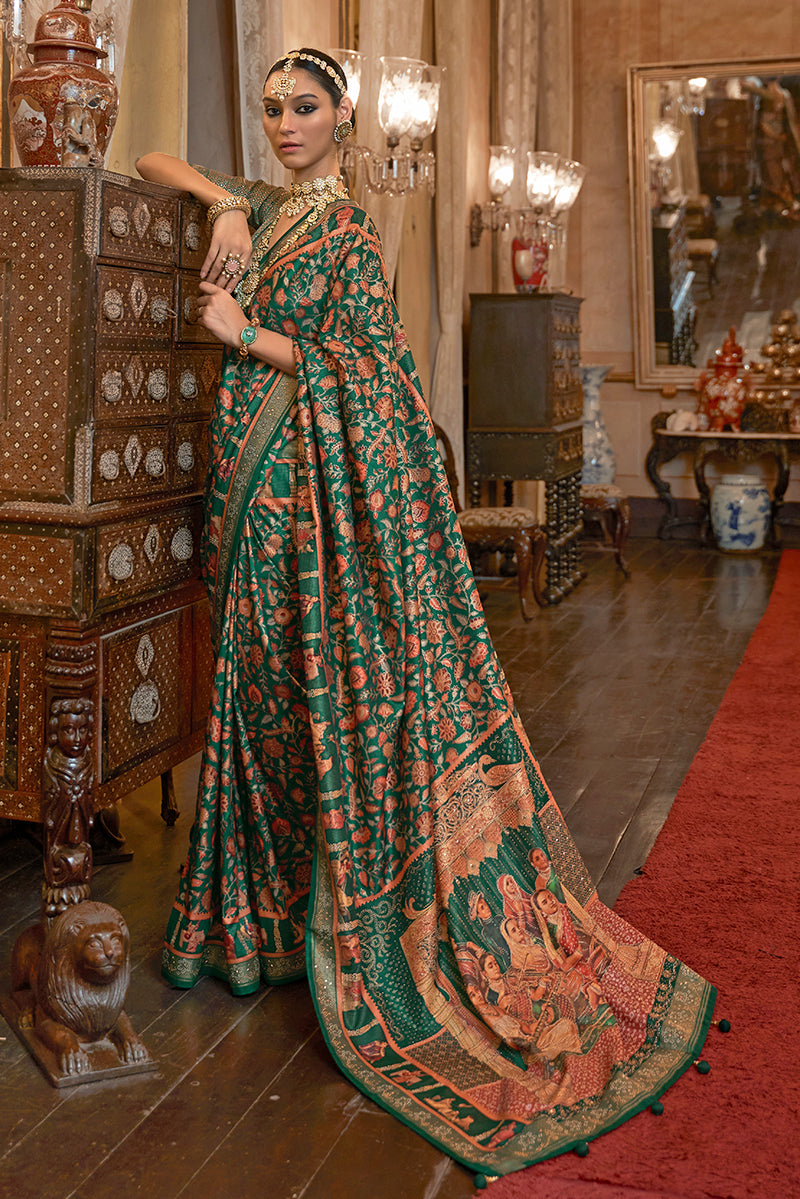 Emerald Green Banarasi Silk Traditional Zari Brocade Work Saree