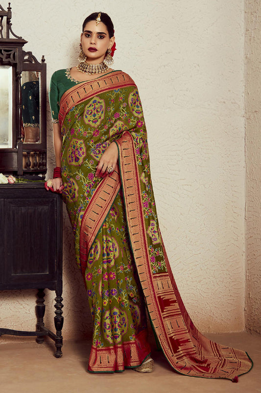 Olive Soft Brasso Silk Fabric Saree with Modern Prints