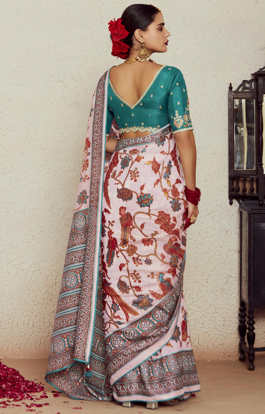 Light Pink Soft Brasso Silk Fabric Saree with Modern Prints