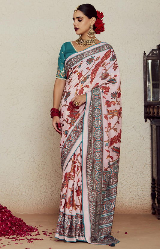 Light Pink Soft Brasso Silk Fabric Saree with Modern Prints