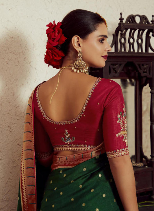 Dark Green Soft Brasso Silk Fabric Saree with Modern Prints