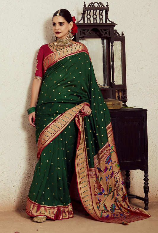 Dark Green Soft Brasso Silk Fabric Saree with Modern Prints