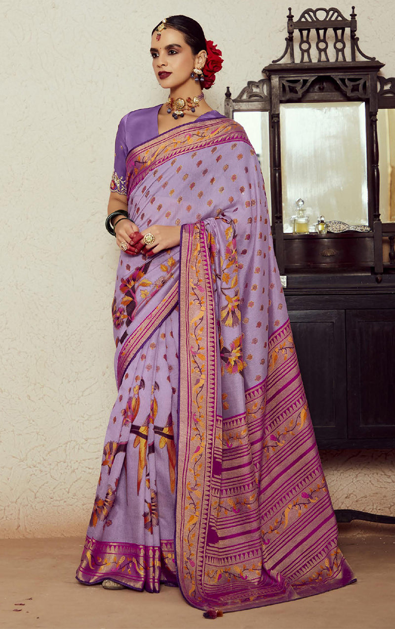 Lavender Soft Brasso Silk Fabric Saree with Modern Prints