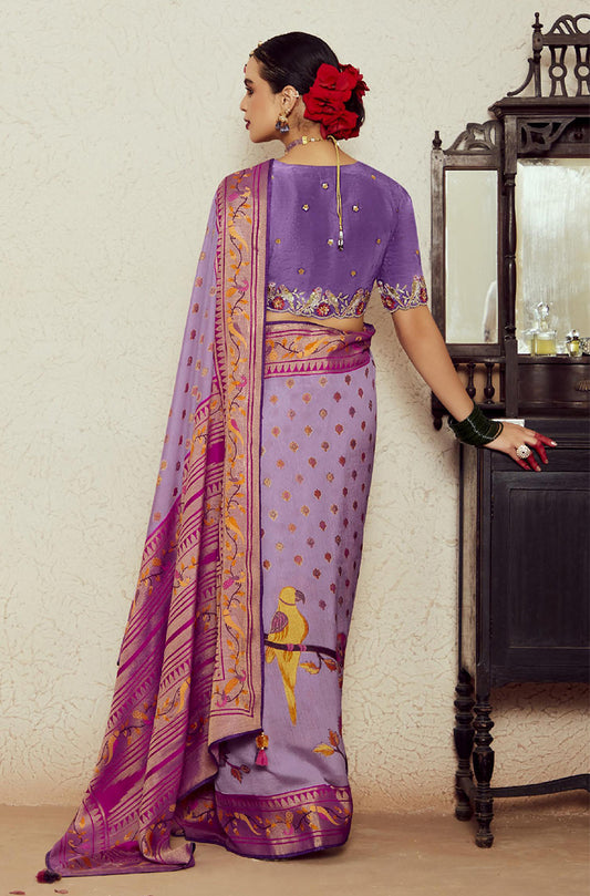 Lavender Soft Brasso Silk Fabric Saree with Modern Prints