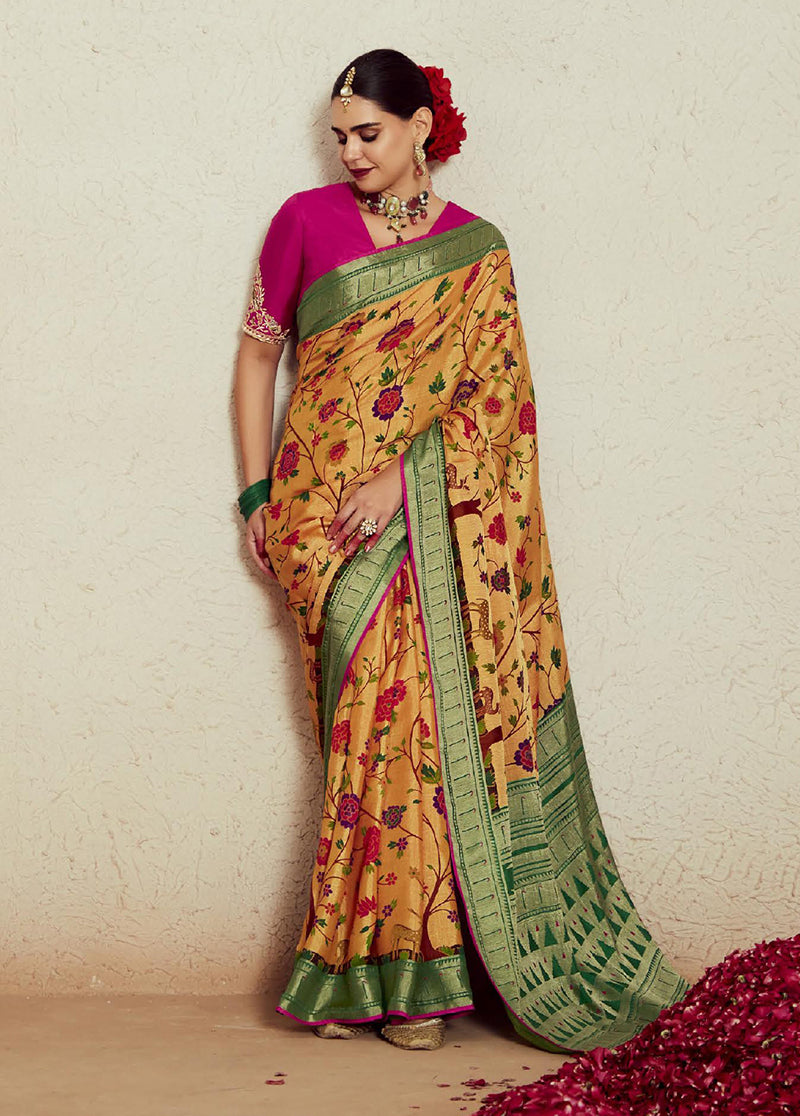 Light Peach Soft Brasso Silk Fabric Saree with Modern Prints