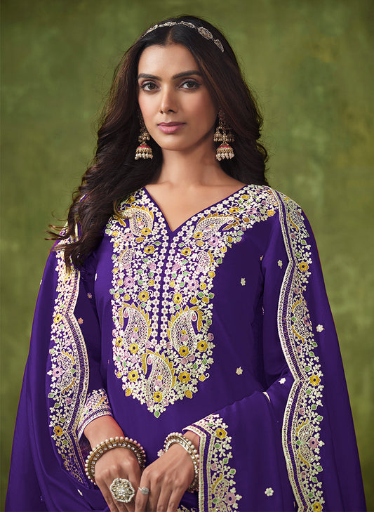 Dark Blue Chanderi Embroidered Salwar Kameez