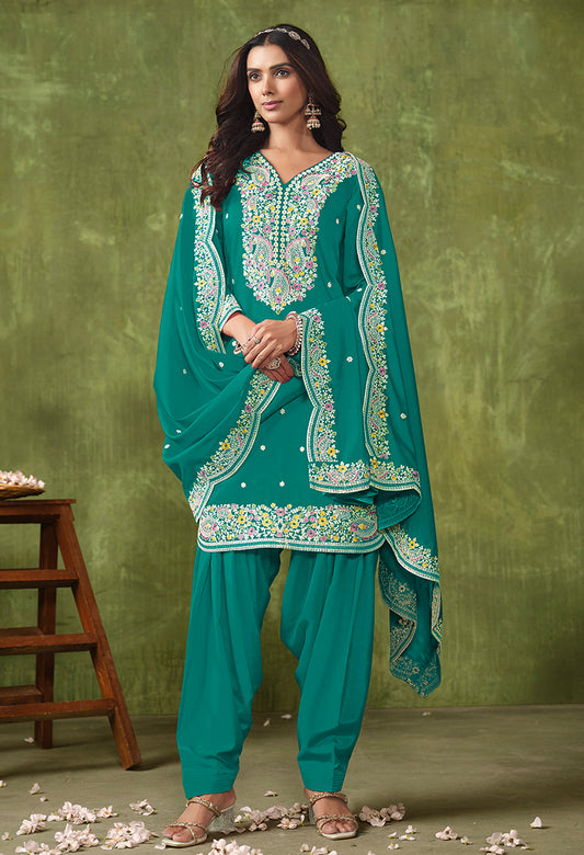 Dark Cyan Chanderi Embroidered Ethnic Salwar Kameez - Monjolika Fashion