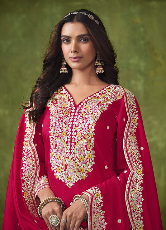 Dark Red Chanderi Embroidered Classic Salwar Kameez