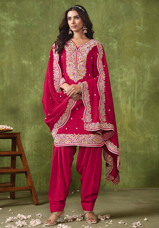 Dark Red Chanderi Embroidered Classic Salwar Kameez