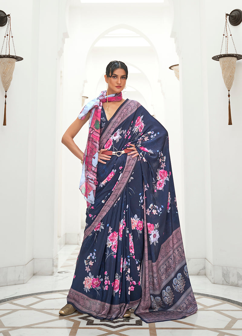 Navy Blue Satin Crepe Saree with Contemporary Prints
