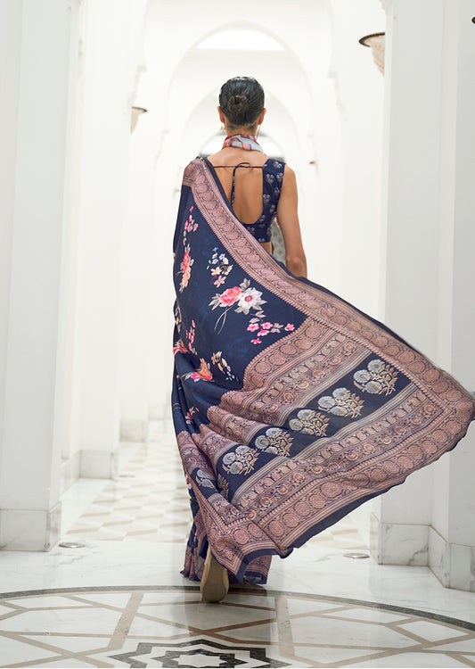 Navy Blue Satin Crepe Saree with Contemporary Prints