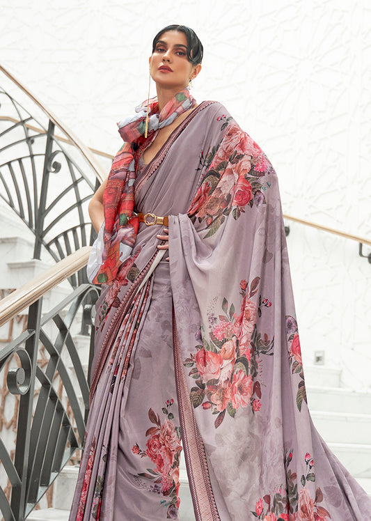 Gray Satin Crepe Saree with Contemporary Prints