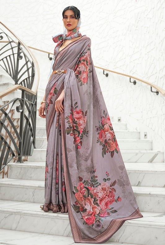 Gray Satin Crepe Saree with Contemporary Prints