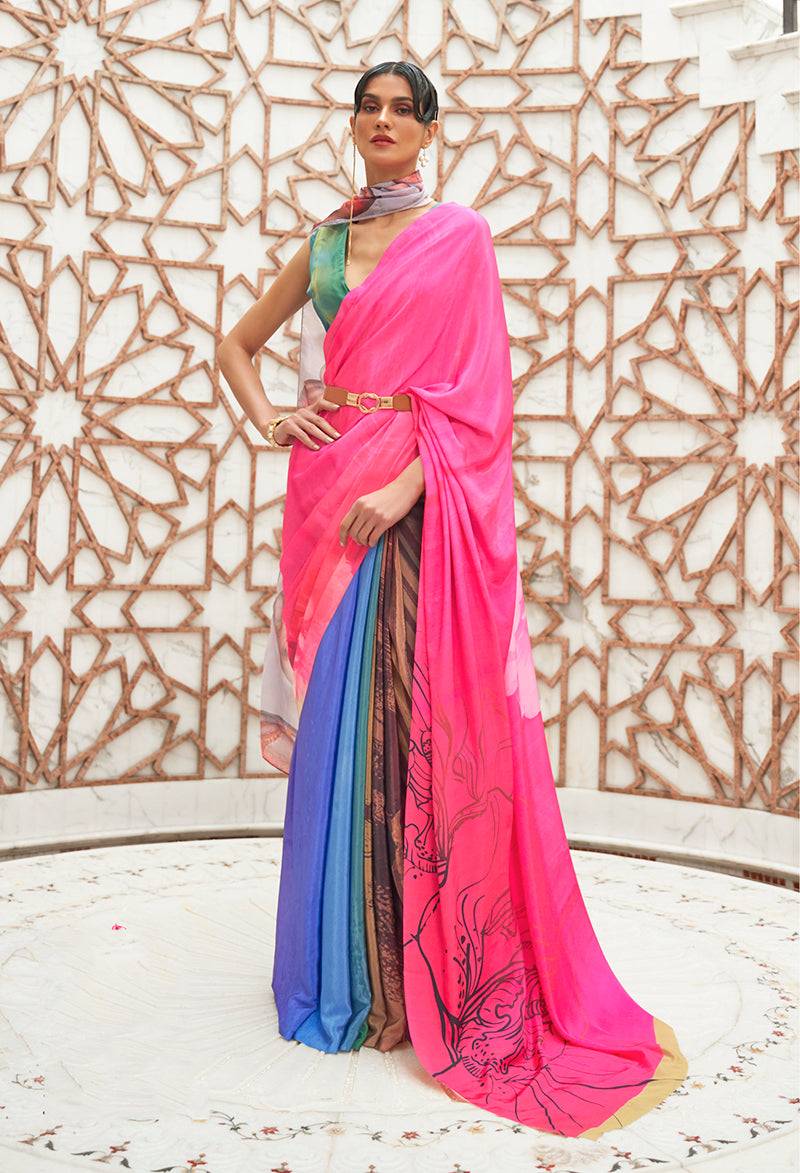 Multi Satin Crepe Saree with Contemporary Prints