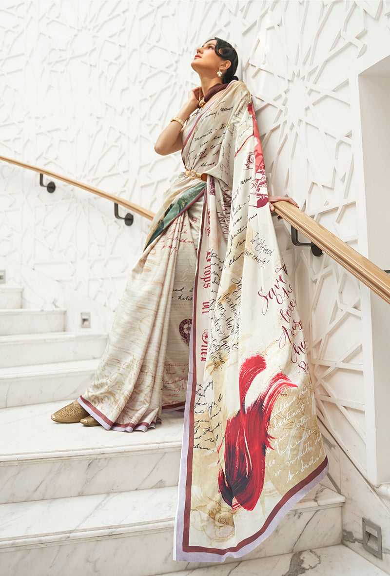 Beige Satin Crepe Saree with Contemporary Prints
