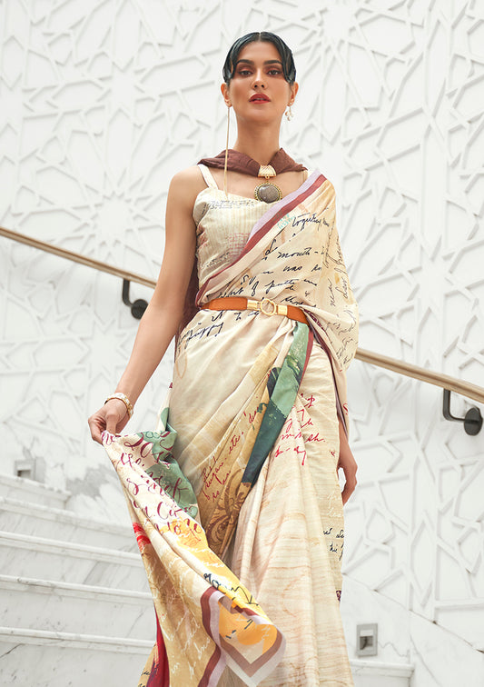 Beige Satin Crepe Saree with Contemporary Prints