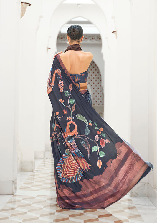 Black Satin Crepe Saree with Contemporary Prints
