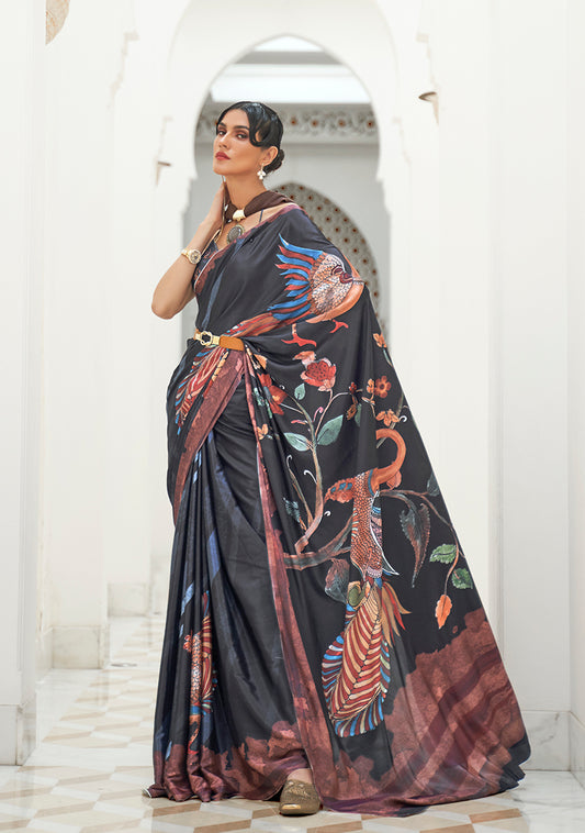 Black Satin Crepe Saree with Contemporary Prints