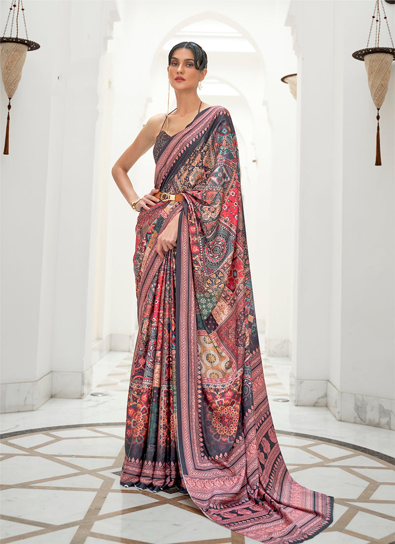 Multi Satin Crepe Saree with Contemporary Prints