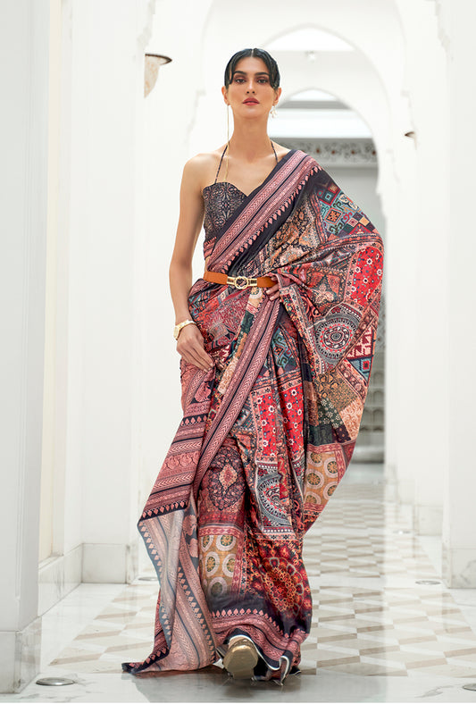 Multi Satin Crepe Saree with Contemporary Prints