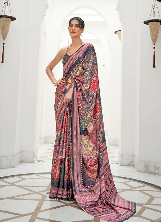 Multi Satin Crepe Saree with Contemporary Prints